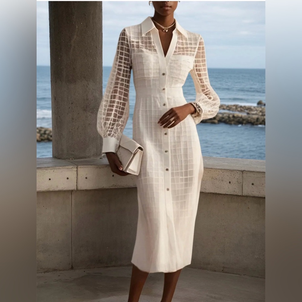 NWOT FEHUATE Elegant White Sheer Grid‎ Dress